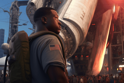 Black man watching a space shuttle launch with a cinematic neo-noir vibe