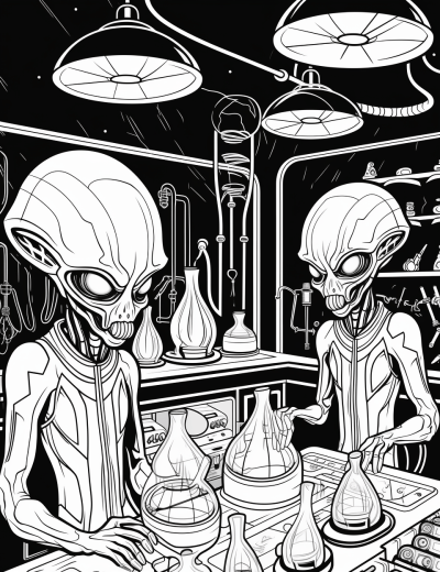 Retro alien scientists in a neon-lit lab cartoon for coloring