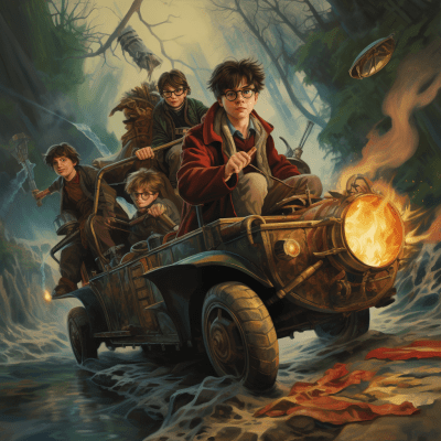 Harry Potter book cover, DIY amphibian car, and boy scouts illustration