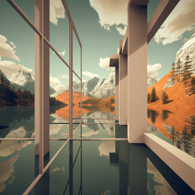 Majestic mountains and serene lake with Bauhaus minimalist style