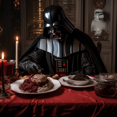 Darth Vader eating Sith mashed potatoes in a playful setting