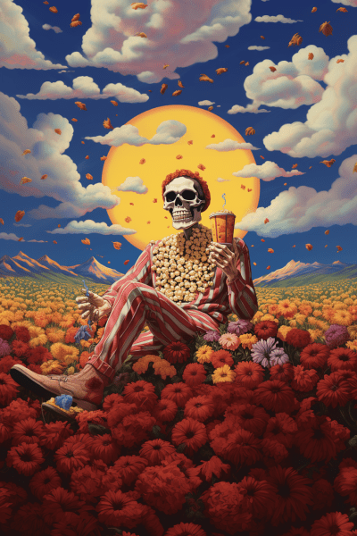 Laughing Skeleton in Aloha Shirt Amid Psychedelic Flowers