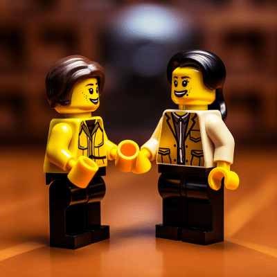 Lego minifigure woman offering a bribe in a playful, mischievous scene