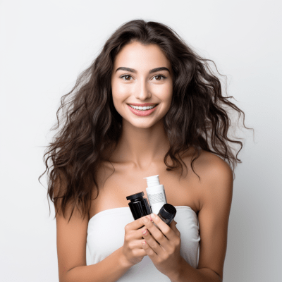 Happy young brunette woman with beauty products on white background