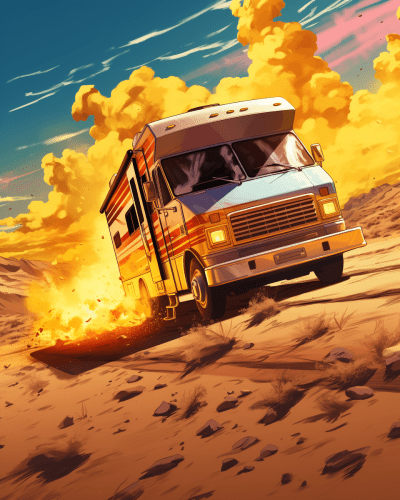 RV speeding through desert landscape in cel-shaded digital art