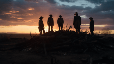 Photorealistic image of cowboys standing over a dying man at sunset