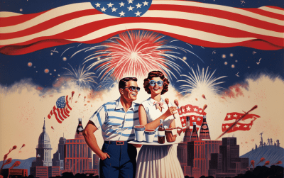 Vintage American patriotic poster in 1950s style with bold colors