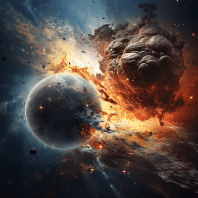 Two planets colliding in space with intense impact and destruction