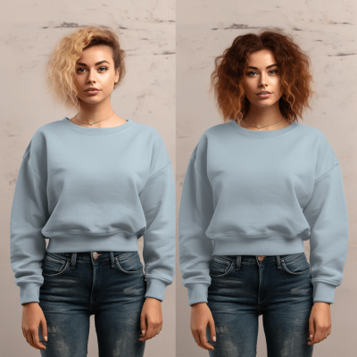 Dusty blue cropped crew fleece shirt on hanger with front and back view