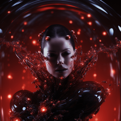 Liv Tyler as an alien hybrid in a crimson sphere with bubbles