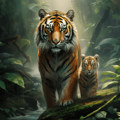 Siberian Tiger with Cub in Rainforest – Endangered Species in Habitat