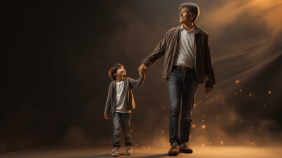 Father and young son holding hands looking up in wonder