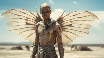 Young man transformed into insect-human hybrid in a surreal dirt plains setting