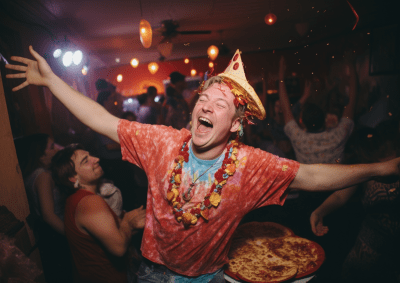 Joyful dancing pizza at a vibrant party with dreamy artistic quality