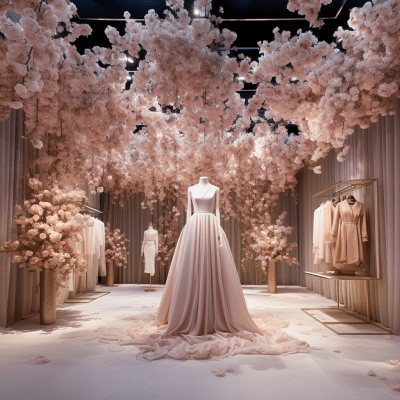 Luxury boutique interior with artificial ceiling flowers in high-definition