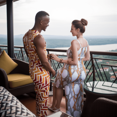 Pregnant couple on balcony overlooking Lake Victoria, Rwanda