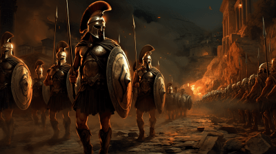 Greek soldiers marching with torches in a mysterious night scene