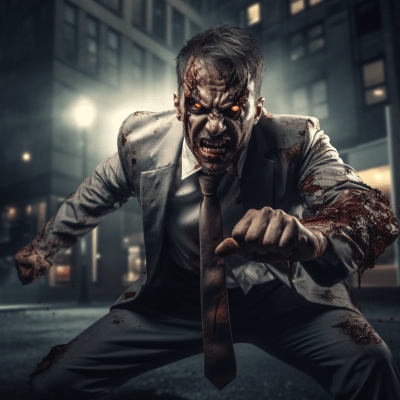 Photorealistic angry zombie businessman punching in cinematic style