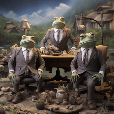 Whimsical frogs from beard chunks flinging potions in a magical forest