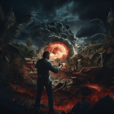 Surreal artwork of man with gun facing a mighty hurricane