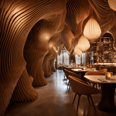 3D parametric wooden wall installation with spiky straws in a restaurant