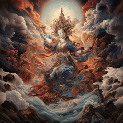 Avalokitesvara Bodhisattva with a thousand arms among mountains