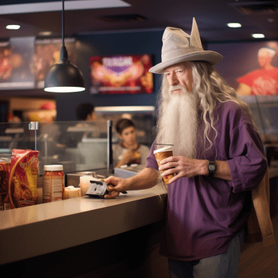Gandalf from Lord of the Rings humorously ordering fast food
