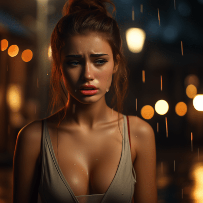 Photorealistic portrait of a tearful woman with blurred background