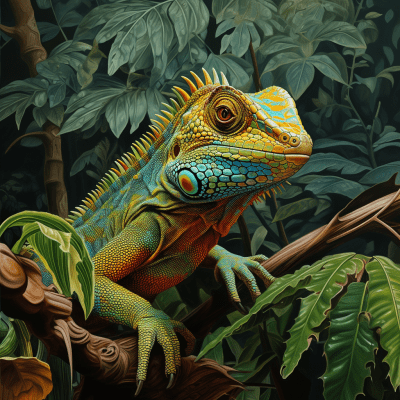 Vibrant lizard with patterned scales crawling in a tropical jungle