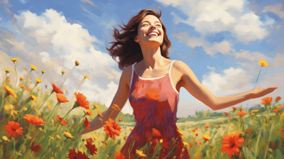 Young woman dancing happily in a colorful wildflower field with blue sky
