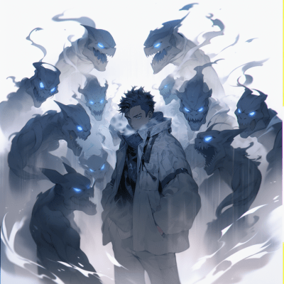 Spooky male character design with ghostly blue hue on white background