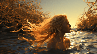 Young blonde woman jumping over river with hair flowing in the wind