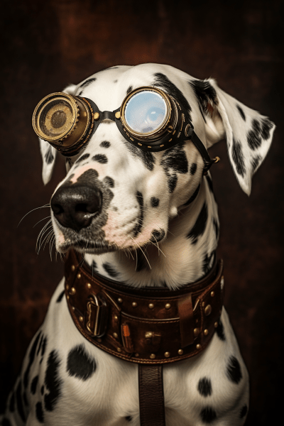 Playful Dalmatian dog dressed in Victorian steampunk style