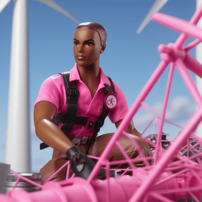 Brown Skin Ken-like character in pink work attire at wind turbine