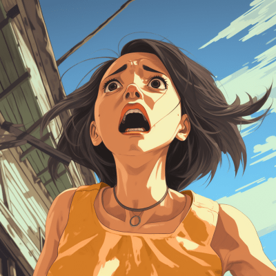 Nostalgic anime-style Thai woman in sun dress looking up in fear