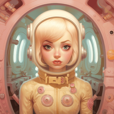 Retro-futuristic spaceship interior with a girl in vintage spacesuit