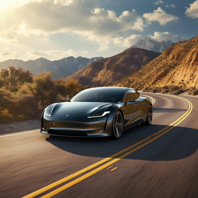Tesla EV driving on scenic road in ultra 4k cinematic quality