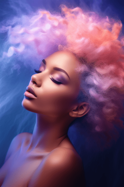 Ethereal pink-haired beauty in a purple studio with vibrant art