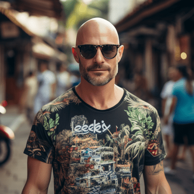 Realistic photo of a bald man with beard and glasses in Phuket