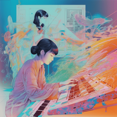 Photorealistic Japanese art cartel with musicians and anime elements