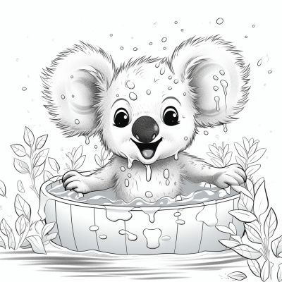 Cute koala swimming in a pool on a coloring book page with thick lines