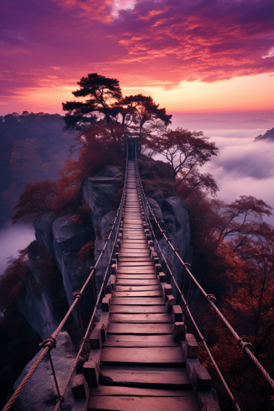 Suspension bridge leading to a waterfall under a purple sky