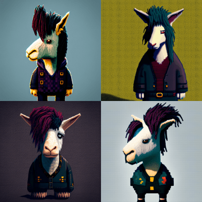 Pixel art punk goth llama with hair over face in isometric view