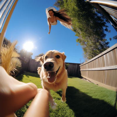 Person playing with a golden retriever in a sunny backyard