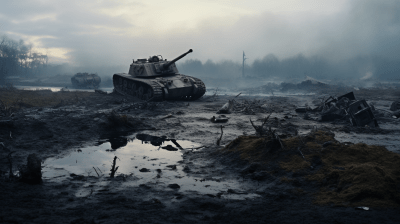 Wrecked tank in muddy battlefield with morning mist