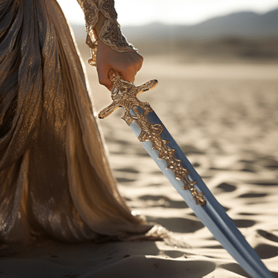 Dramatic photo of a woman’s hand gripping a sword pointed down