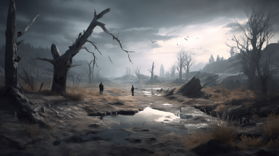 3D artwork of desolate landscape with figures and surreal ambiance