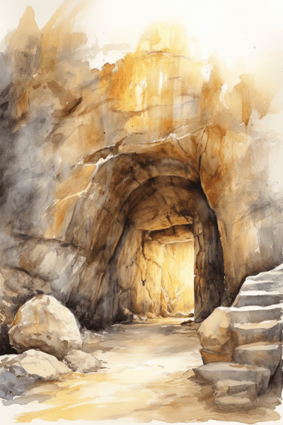 Watercolor painting of Jesus’s tomb with a round rock door