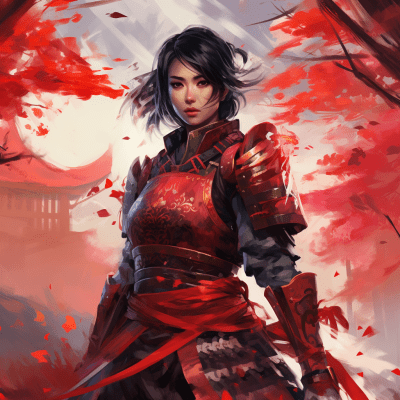 Warrior woman in red samurai armor with detailed colorful background