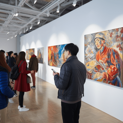 Vibrant exhibition hall with colorful student paintings